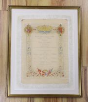 A framed early 20th century silk opera programme, Royal Opera House Covent Garden, State Performance
