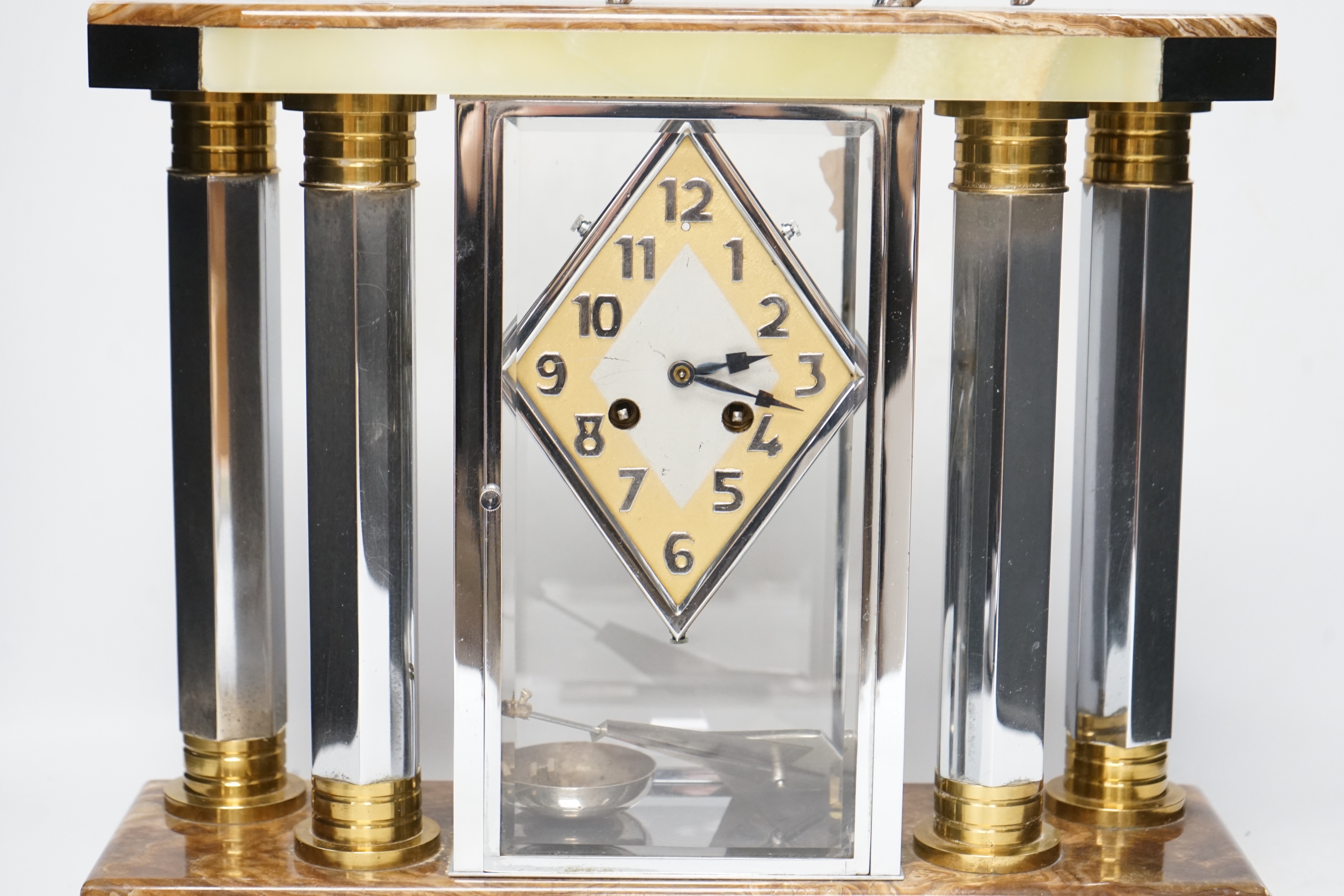 A French chrome, bronze and marble Art Deco 4 glass clock with two pedestal vase garnitures and a - Image 3 of 5