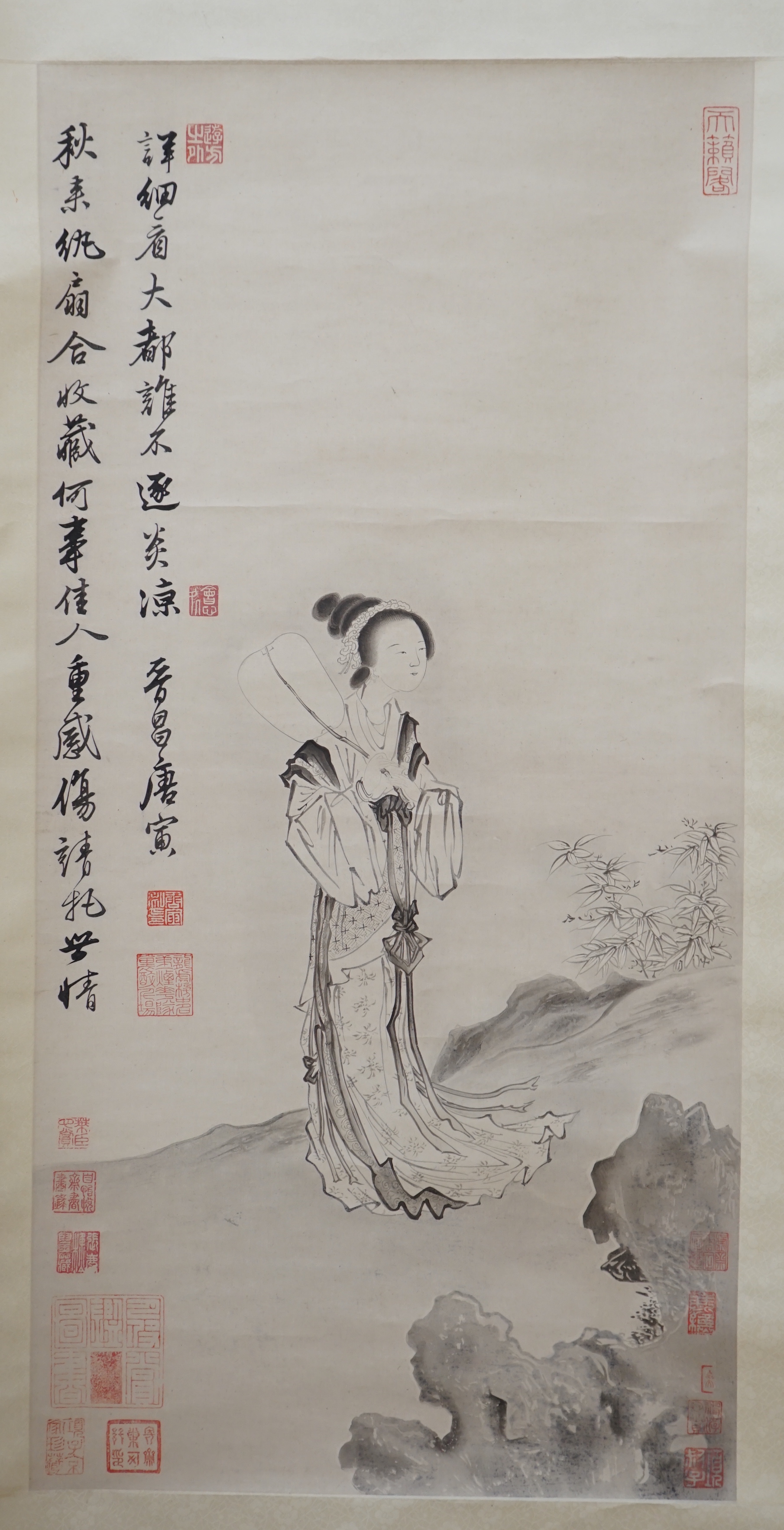 Two Chinese painted scrolls, one on silk, a female wearing a kimono and a landscape - Image 8 of 12