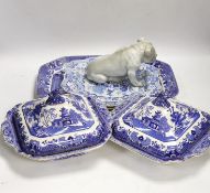 A Mason's stoneware blue and white plate, 2 tureens and a serving dish and a German model of a pug