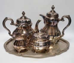 A German 835 standard white metal four piece tea set by Wilhelm Binder and a 830 standard white