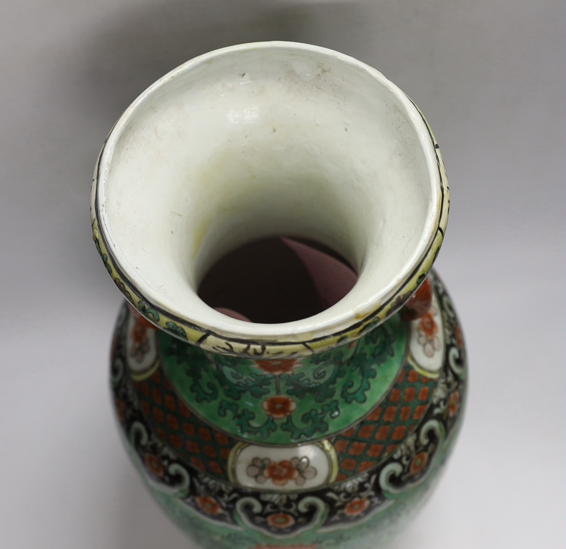 A Chinese green ground enamelled porcelain vase, Kangxi mark but late 19th century, 45cm - Image 4 of 5
