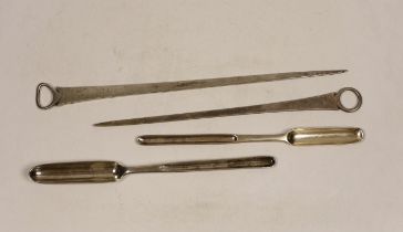 Two George III silver meat skewers by Peter & Ann Bateman, London, 1791 & 1795, largest 29.7cm and