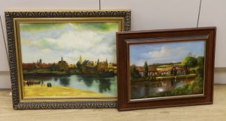 Nazzareno D'Angelo (d.2011), two oils on canvas, Stream before cottages and Bruges landscape, one