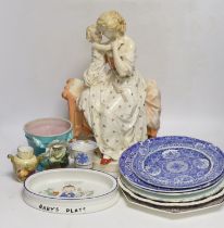 A large French porcelain seated ‘mother and child’ group , a collection of 19th century blue and