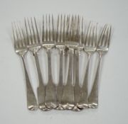 Five Victorian silver fiddle pattern dessert forks, London, 1854 and three George III silver dessert