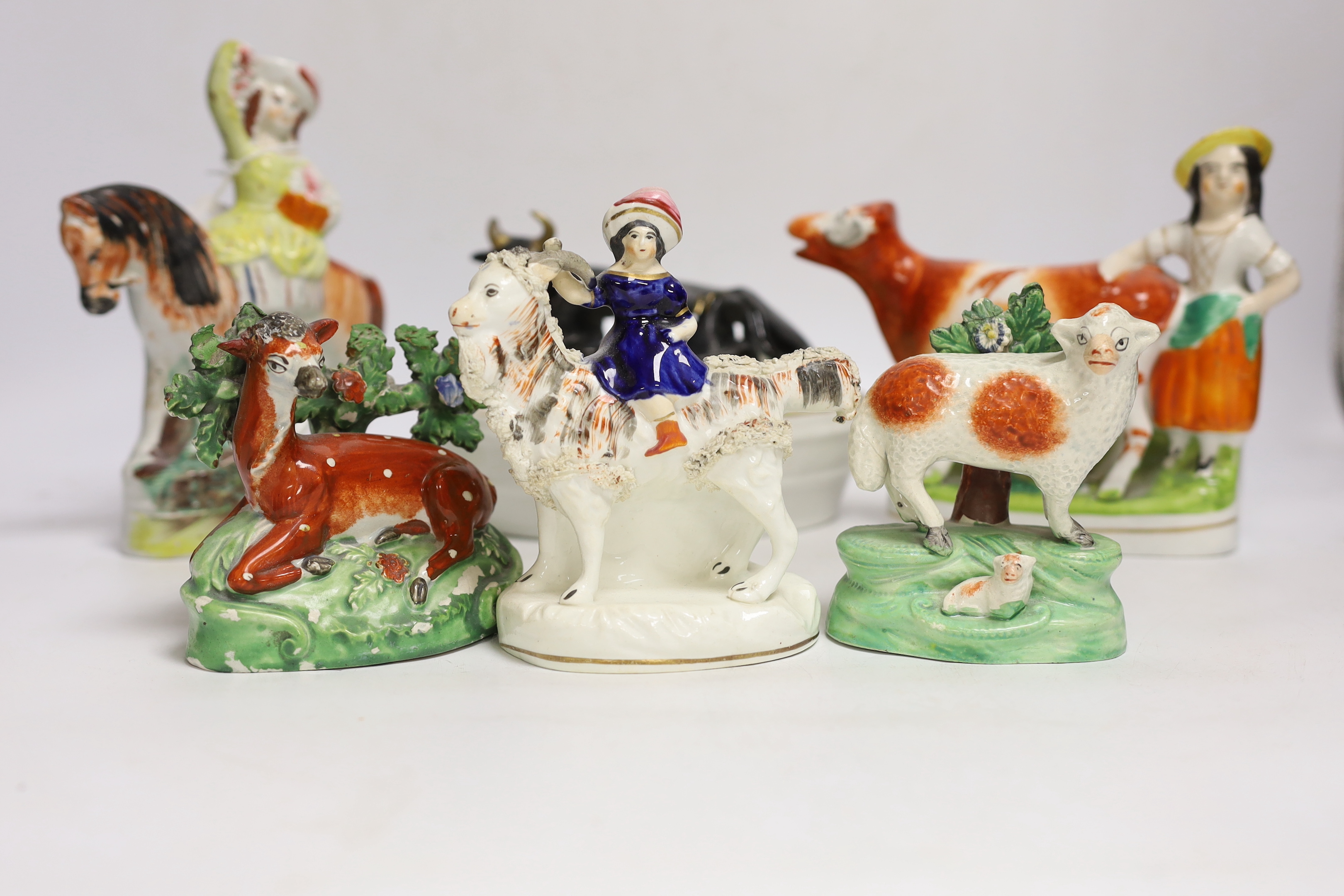 A Victorian Staffordshire cow tureen and cover, and five other Staffordshire figures, largest 18cm - Bild 2 aus 8