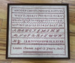A Victorian alphabet sampler, dated 1865, 40 x 45cm