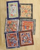 Six Chinese silk embroidered panels, embroidered with Beijing knot and stem stitch, using auspicious