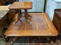 An inlaid yew wood square coffee table, 120cm, and a matching occasional table, width 54cm