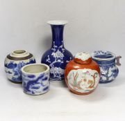 Two Chinese famille rose jars, similar pot with cover, brush pot and a vase, 18th century and later,