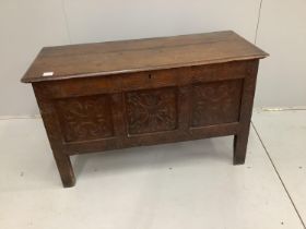 A late 17th century oak coffer, width 112cm, depth 46cm, height 65cm