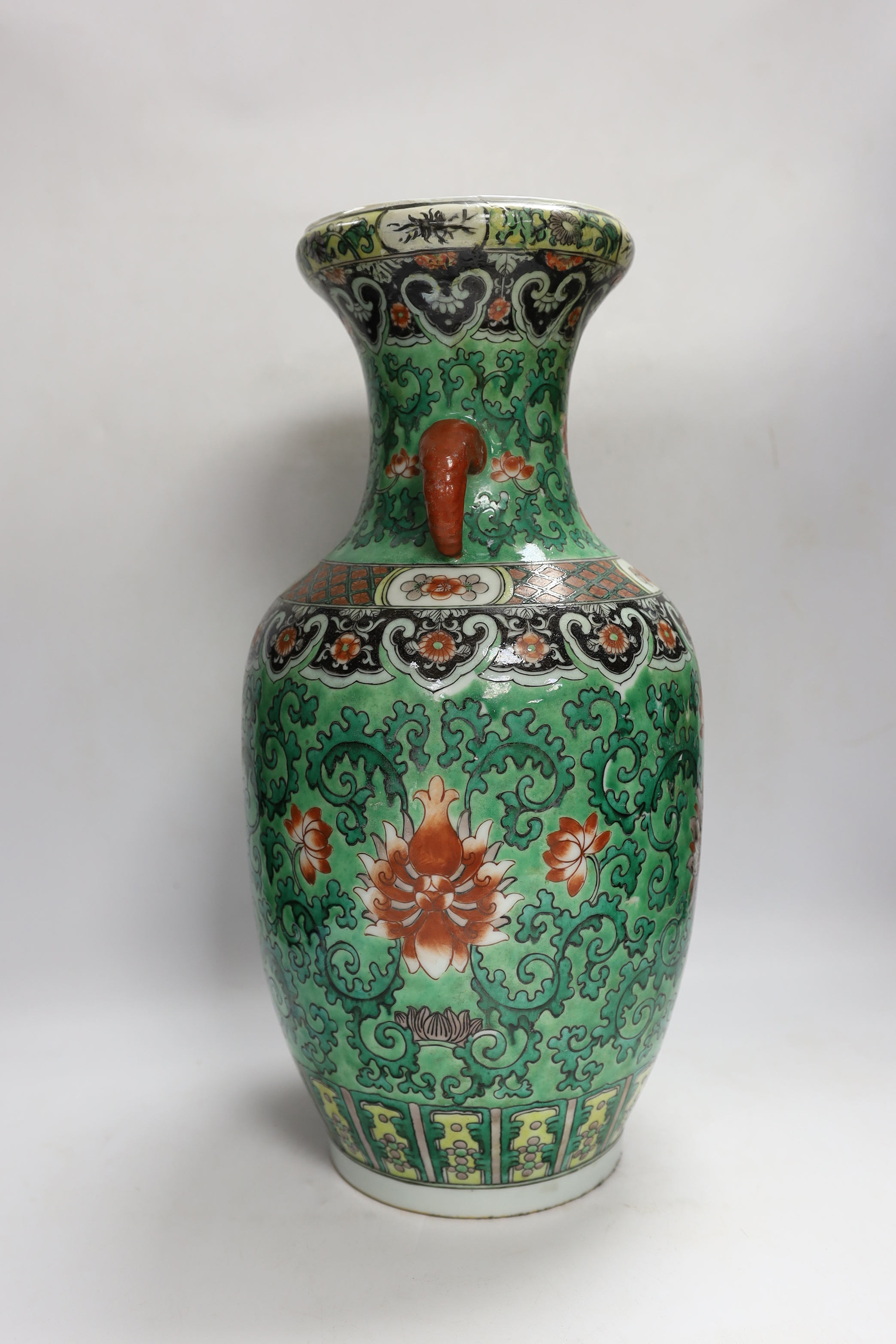 A Chinese green ground enamelled porcelain vase, Kangxi mark but late 19th century, 45cm - Image 2 of 5