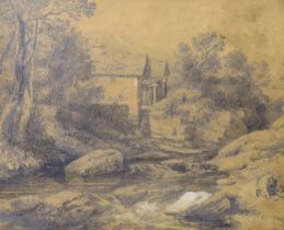 David Cox Jr. (1809-1885), pencil drawing, figure before a watermill, signed and dated 1821, 17 x