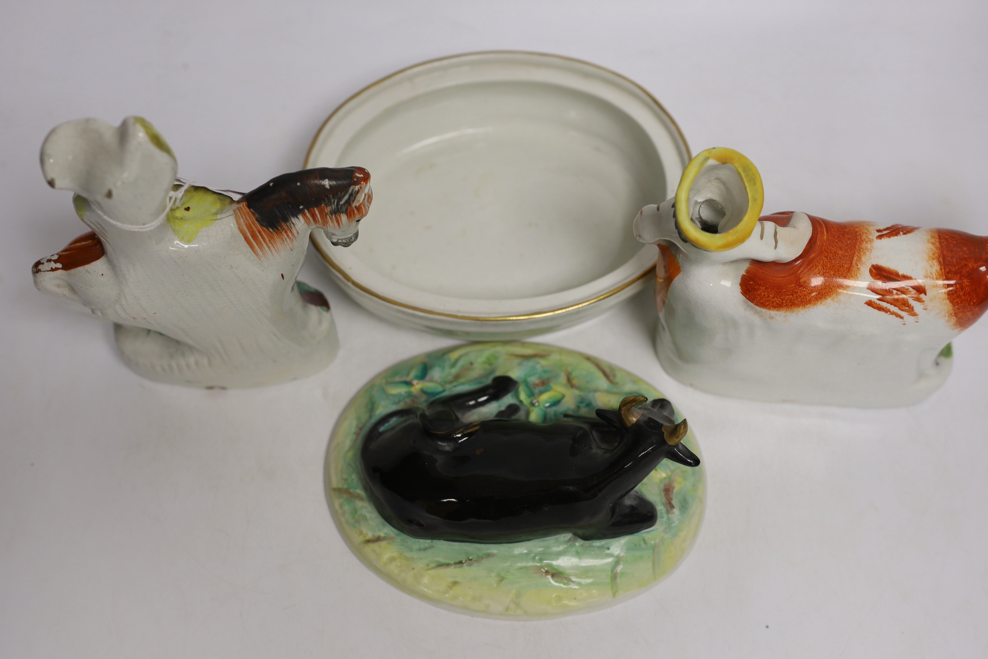A Victorian Staffordshire cow tureen and cover, and five other Staffordshire figures, largest 18cm - Bild 7 aus 8