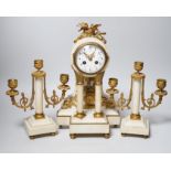 A 19th century alabaster clock garniture, French movement count-wheel striking on a bell, clock
