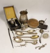 Assorted silver items including a silver mug engraved with signatures and inscription relating to