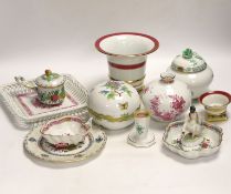 A group of Herend, Hungary porcelain wares including; a covered dish, tray, candlestick, two