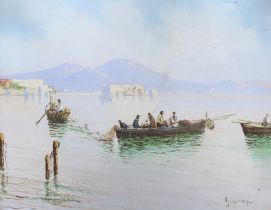 Gianni, gouache, Fishing boats with Vesuvius beyond, signed, 23 x 29cm