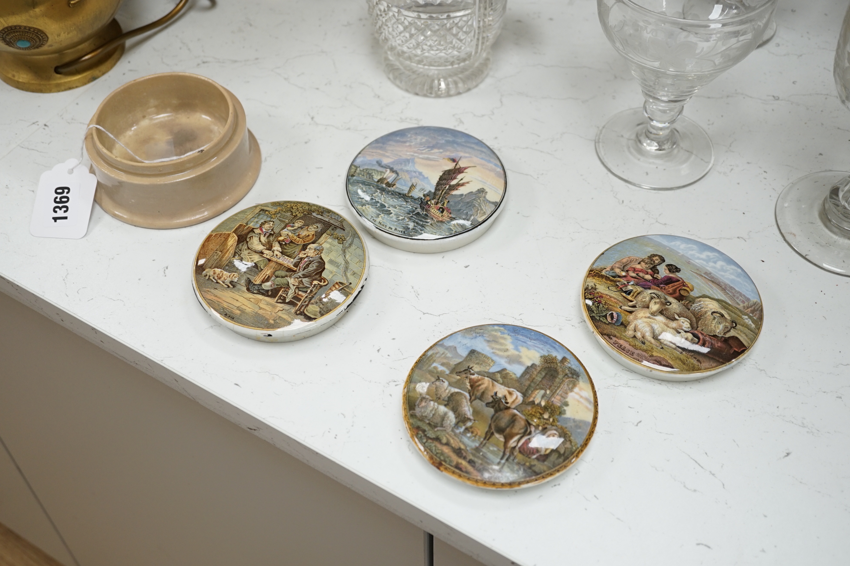 Nine Victorian ceramic Prattware pot lids and one base - Image 3 of 4