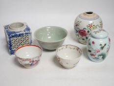 A collection of Chinese ceramics including celadon bowl decorated in low relief with fish, famille