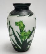 An Emile Galle style cameo glass vase, irises on white ground, 25cm high