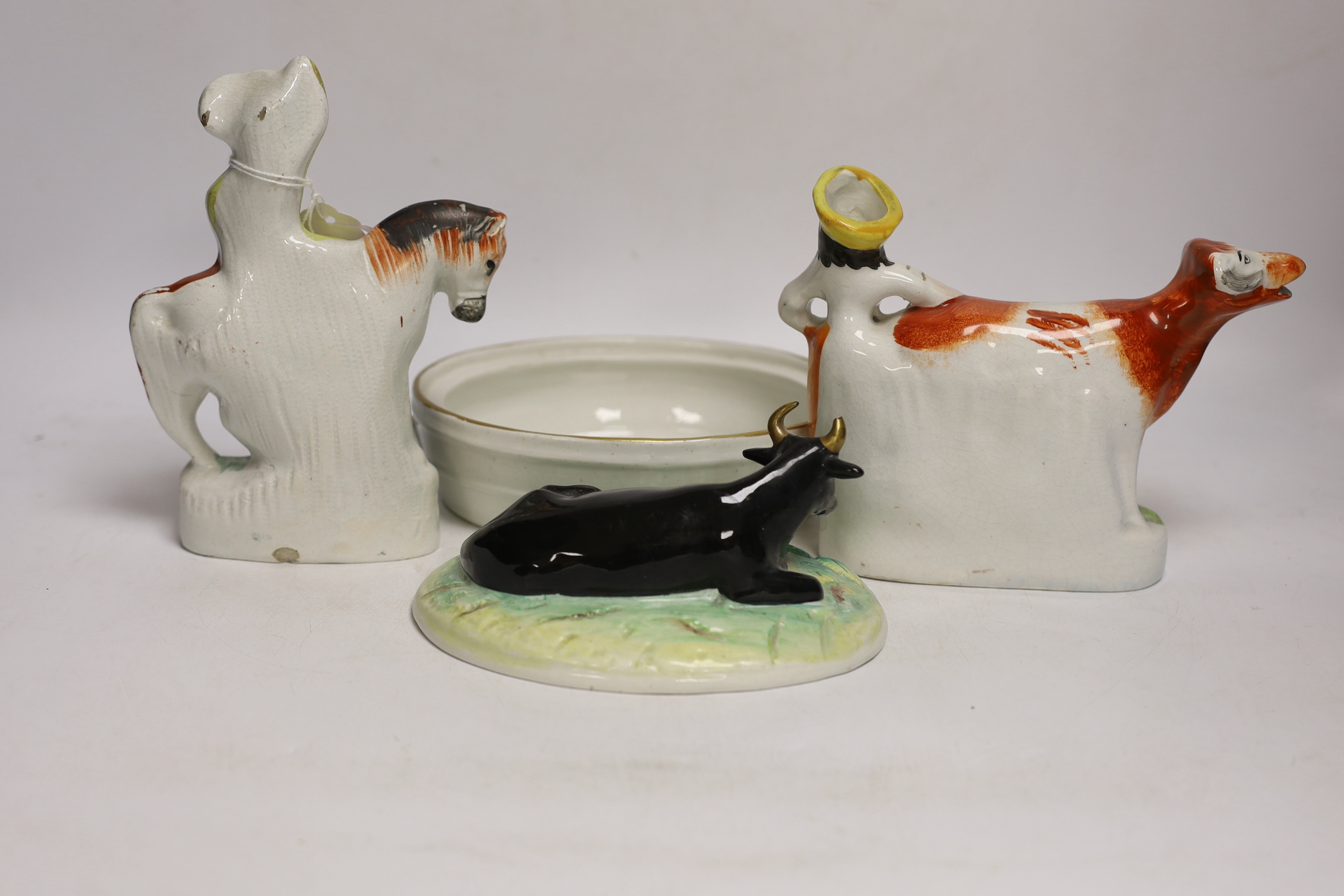 A Victorian Staffordshire cow tureen and cover, and five other Staffordshire figures, largest 18cm - Bild 6 aus 8