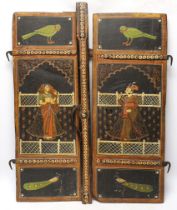 A pair of painted Indian shutters hand painted with figures and birds, 67cm high