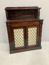 A small early Victorian rosewood chiffonier, width 92cm, depth 36cm, height 120cm