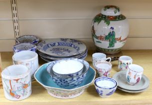 A group of Chinese blue and white and enamelled porcelain jars, plates and bowls, 18th century and