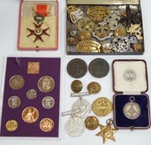 A collection of medals and coins including; an original card Air Ministry box containing a 1939-45