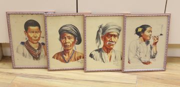 Maung Su Yatanabon (Burmese, 1903-1965), set of four watercolours, Portraits including Burmese