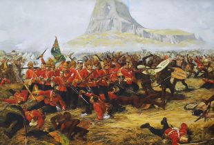 Military oil on board, Zulu War action at the battle of Isandlwana 1879, 60 x 88cm