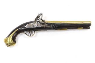 A composite 20 bore brass barrel, flintlock holster pistol, fitted with brass mounts, long spur butt