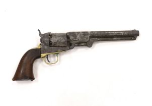 A six shot .36” Colt Navy percussion revolver number 200761 (matching) regulation underlever rammer,