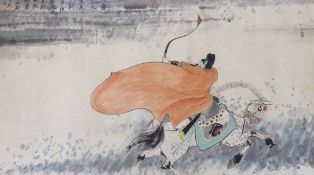 Chinese, Hong Kong watercolour, Mounted archer, 83 x 143cm