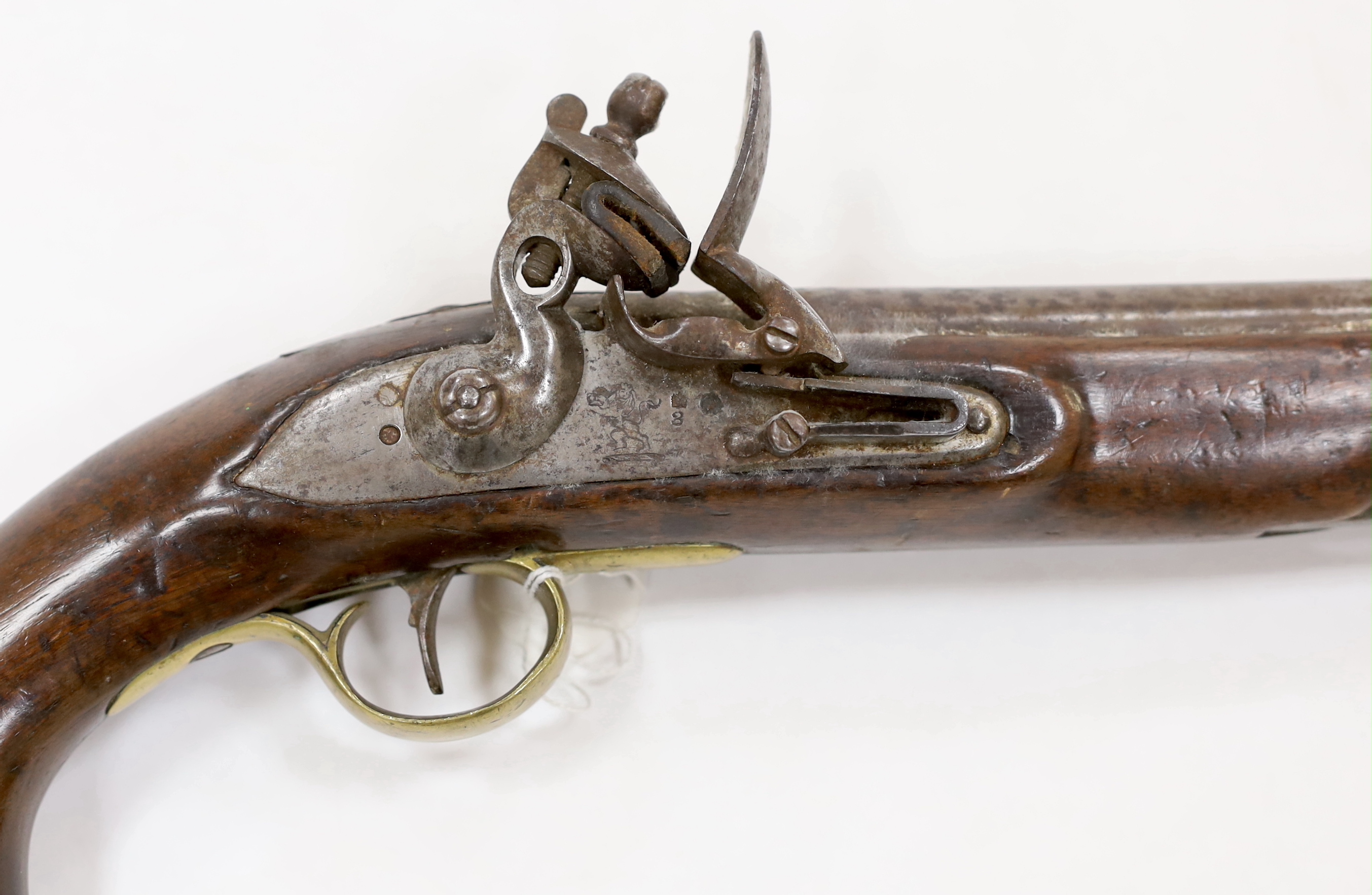 A 16 bore East India Company flintlock pistol, 9” barrel, London proof marks, regulation brass - Image 2 of 3