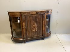 A Victorian gilt metal mounted marquetry inlaid and simulated walnut credenza, width 149cm, depth