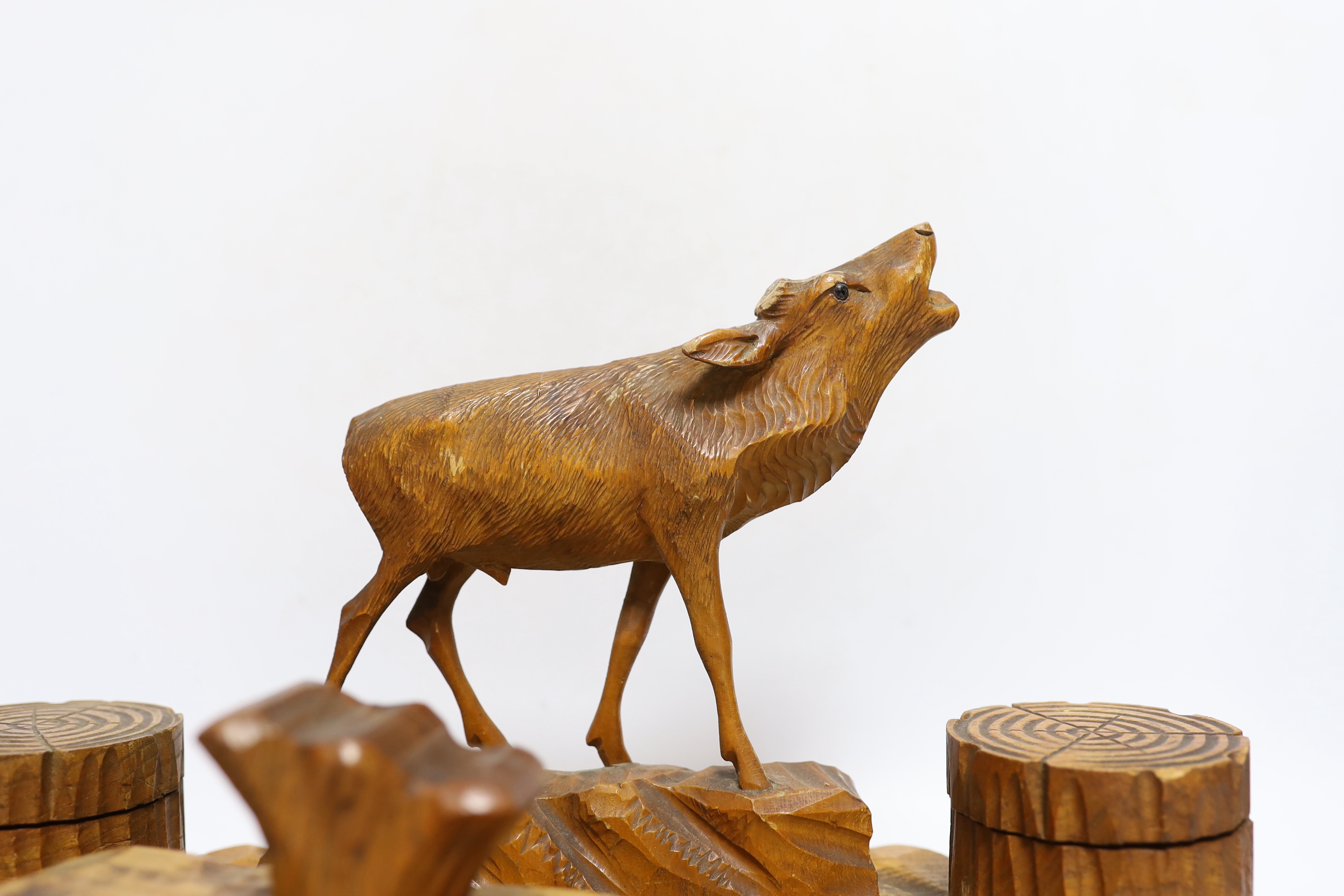 A Swiss carved wood desk set surmounted with a deer, 41cm wide - Image 2 of 3