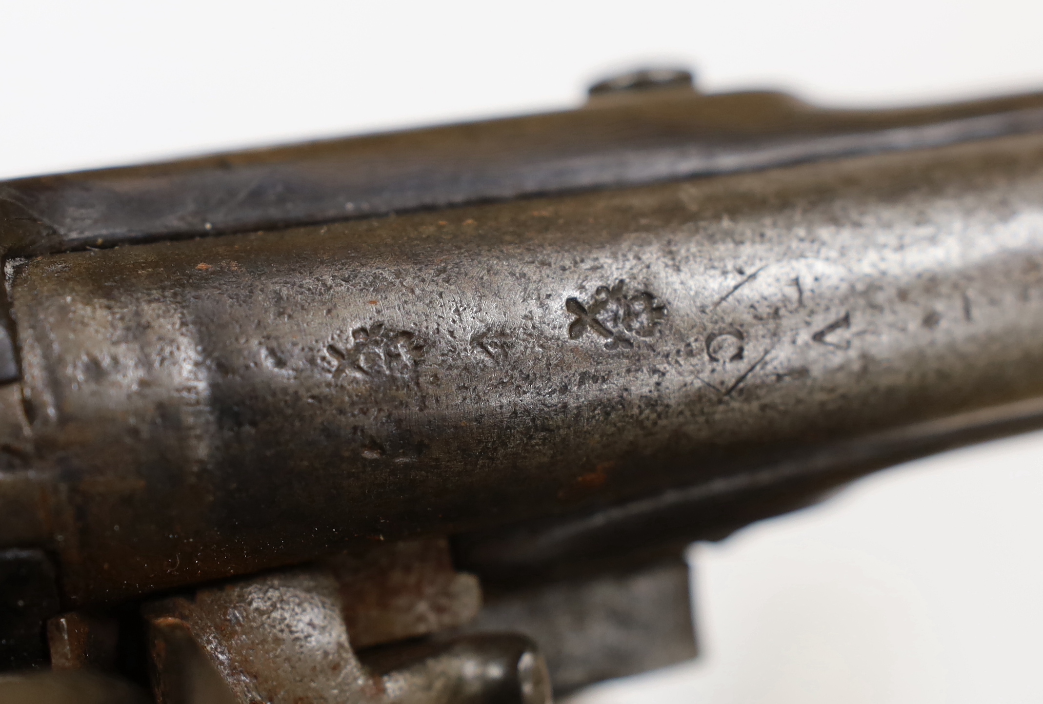 A 16 bore in East India company, Flintlock holster, pistol, barrel, engrave with EIC heart mark - Image 5 of 5