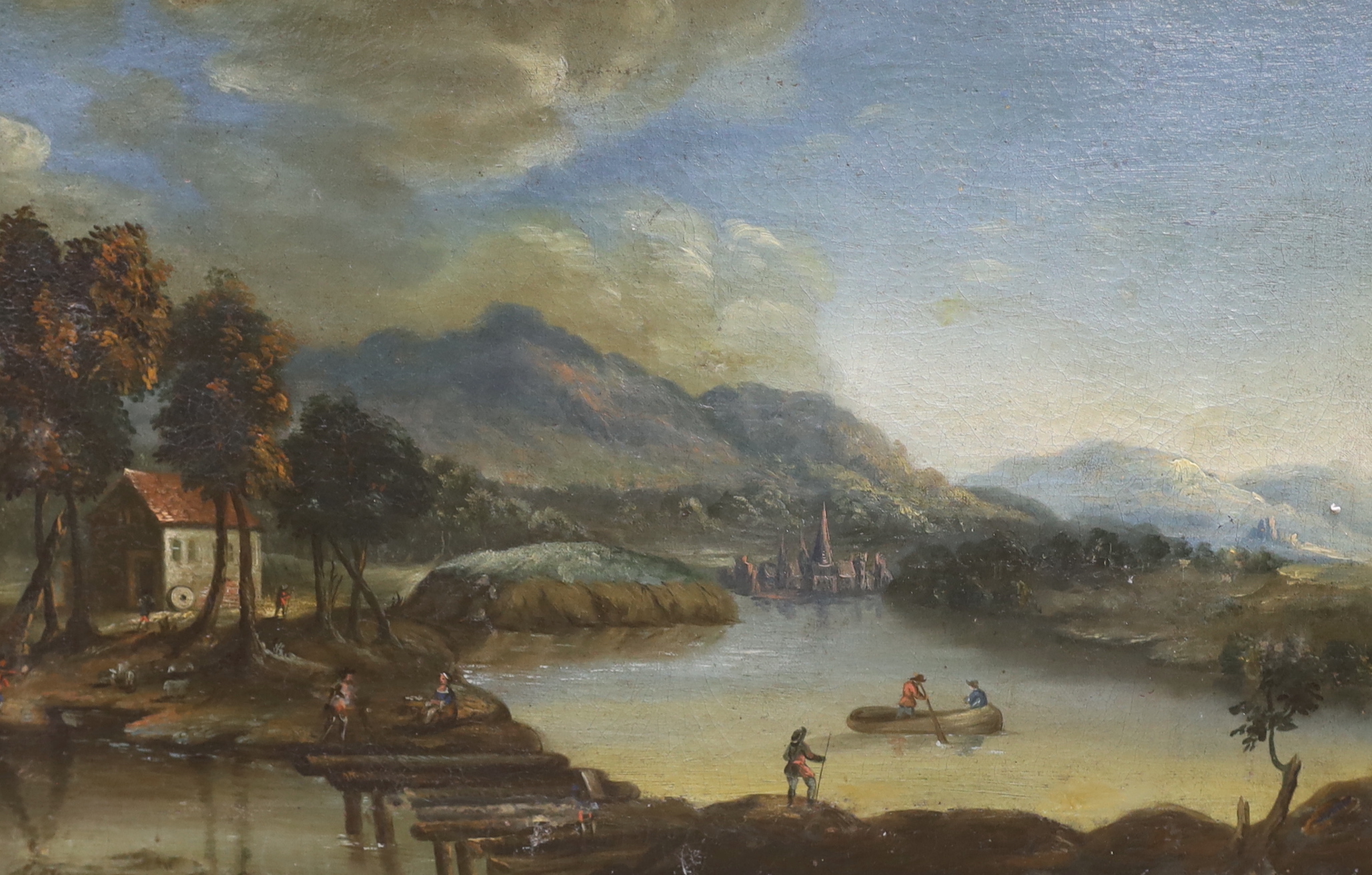 19th century School, oil on canvas, Continental river landscape with bridge and figures, 34 x 53cm
