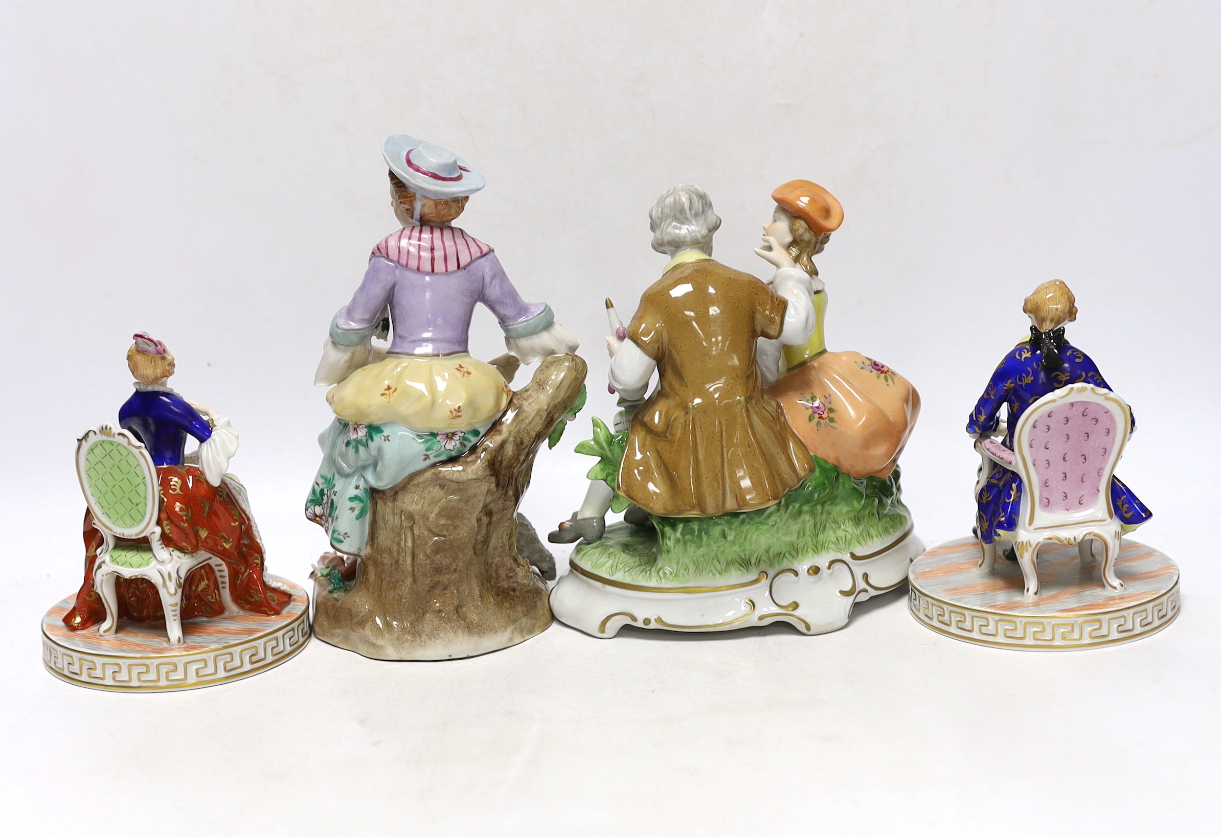 A pair of Dresden figures, a Sitzendorf shepherdess group and another German group - Image 4 of 5