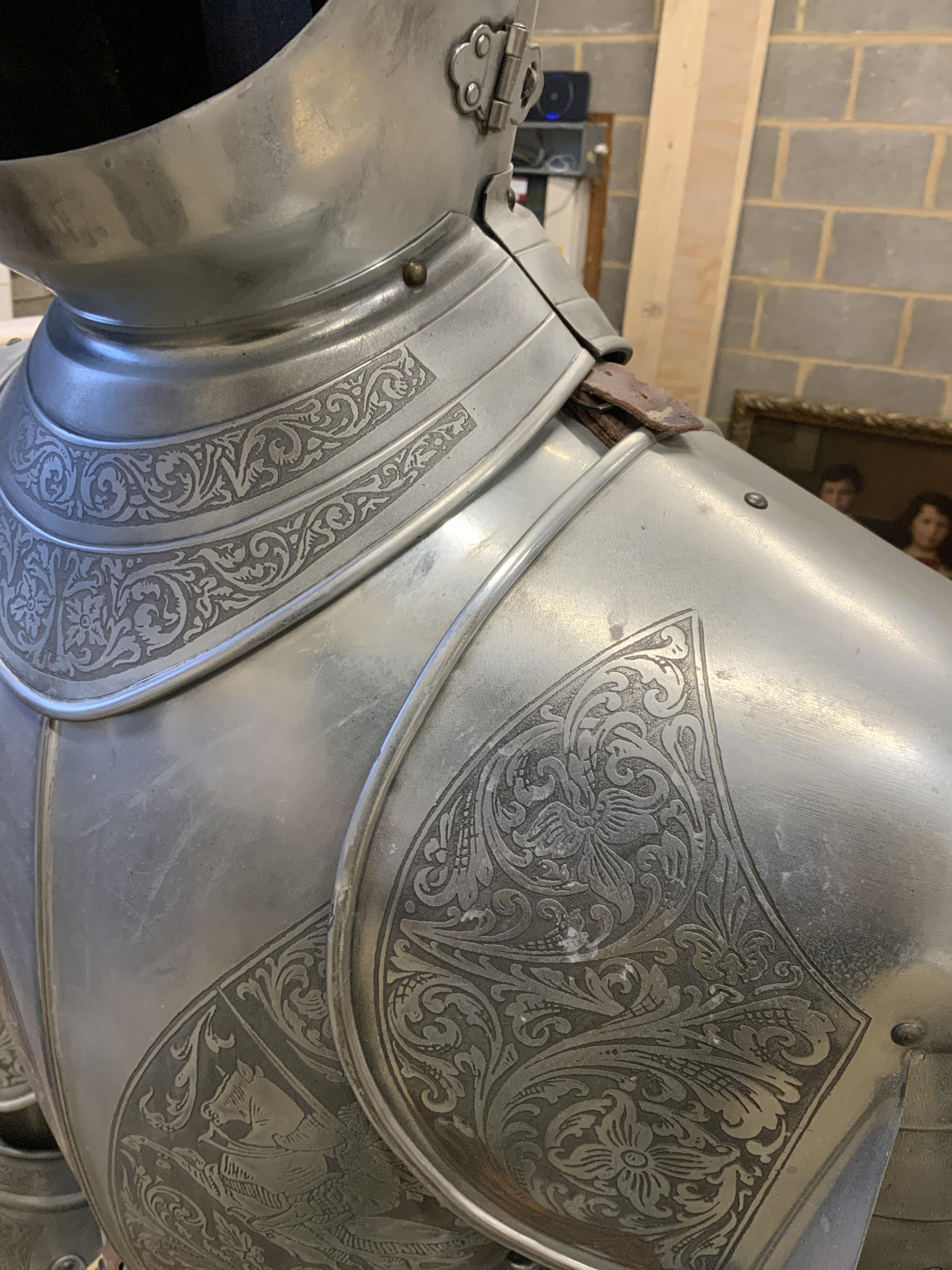 A full suit of reproduction armour produced in Spain by Marto, etch engraved decoration and - Image 3 of 4