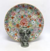 A Chinese millefleur enamelled porcelain dish, six character Qianlong seal mark, but late 19th/early