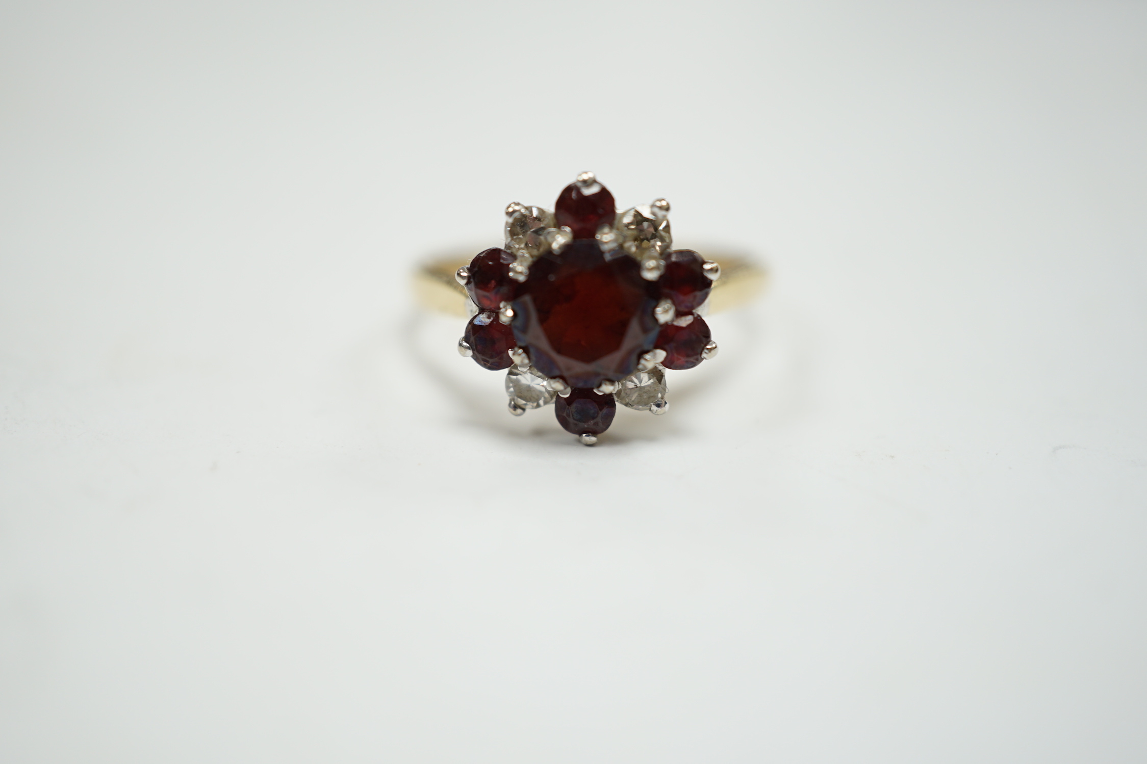 An 18ct red paste? and diamond cluster set flower head ring, size M, gross weight 3.2 grams. - Image 3 of 5