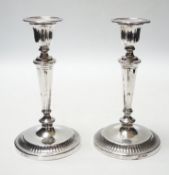 A pair of George V silver mounted candlesticks, Thomas Bradbury & Sons, Sheffield, 1919, 18.6cm,