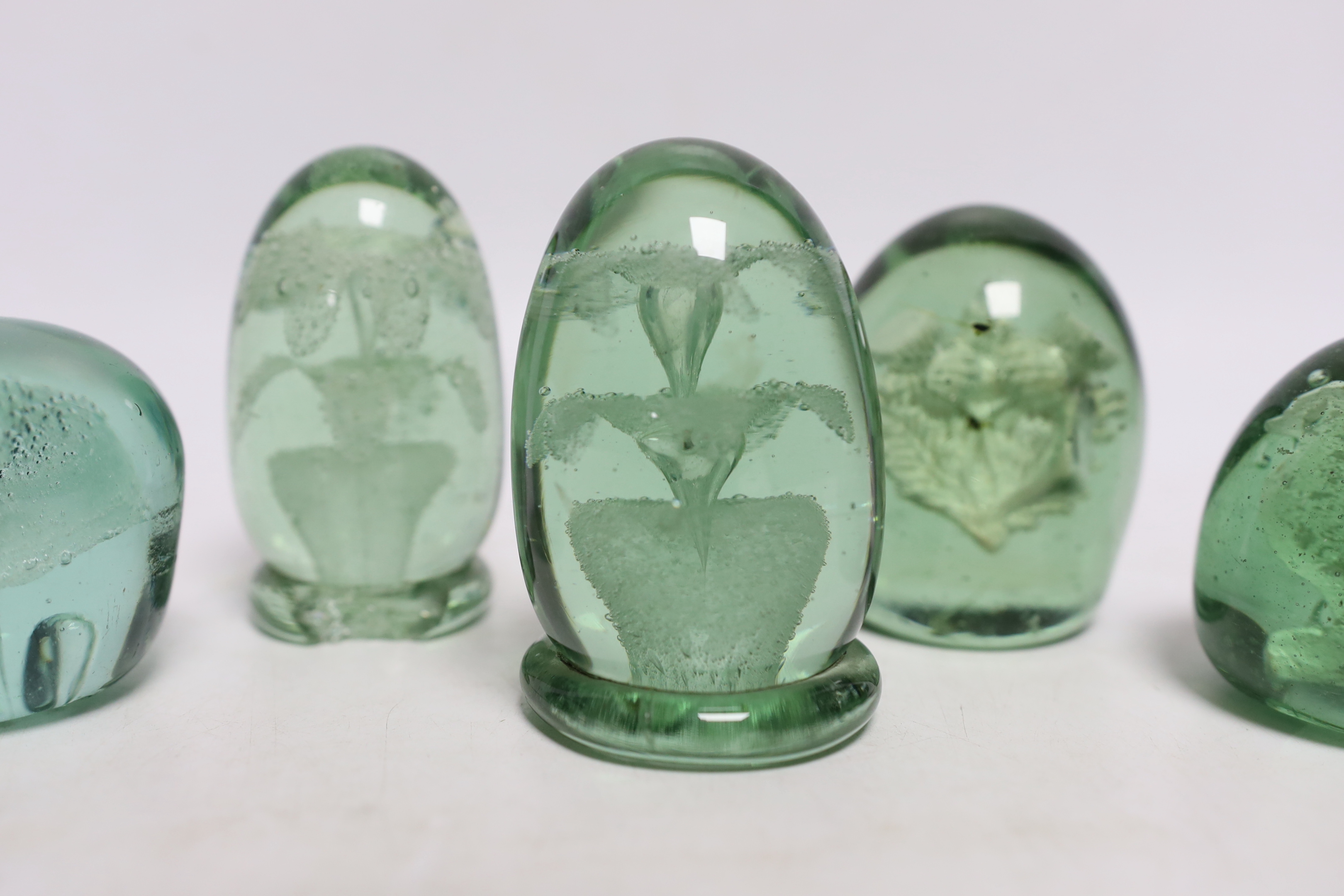 Five green glass dumps, including two with inset sulphides, tallest 9cm - Image 4 of 5