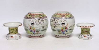 A pair of Chinese famille rose small lanterns on stands, mid 20th century, 16cm high
