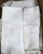 A monogrammed and embroidered lace edged French provincial linen sheet and pillowcase set (3),