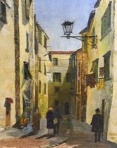 Cohen, impasto oil on canvas, Continental street scene with figures, signed and dated 1981, 50 x